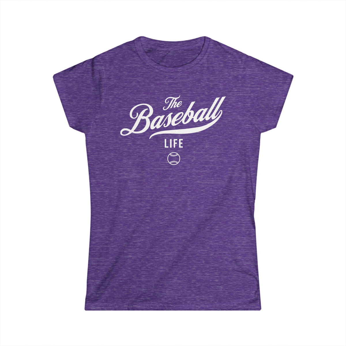 A women's heather purple cap-sleeve crewneck t-shirt with a white logo graphic on the front reading 'The Baseball Life' and a small baseball icon, displayed on a solid white background.
