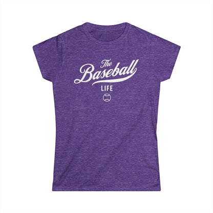 A women's heather purple cap-sleeve crewneck t-shirt with a white logo graphic on the front reading 'The Baseball Life' and a small baseball icon, displayed on a solid white background.