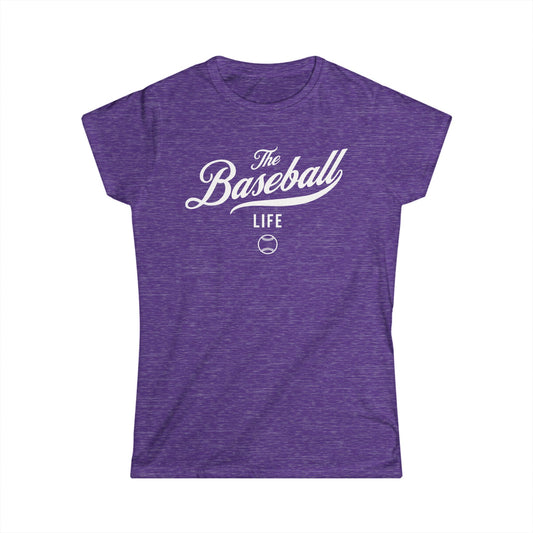 A women's heather purple cap-sleeve crewneck t-shirt with a white logo graphic on the front reading 'The Baseball Life' and a small baseball icon, displayed on a solid white background.