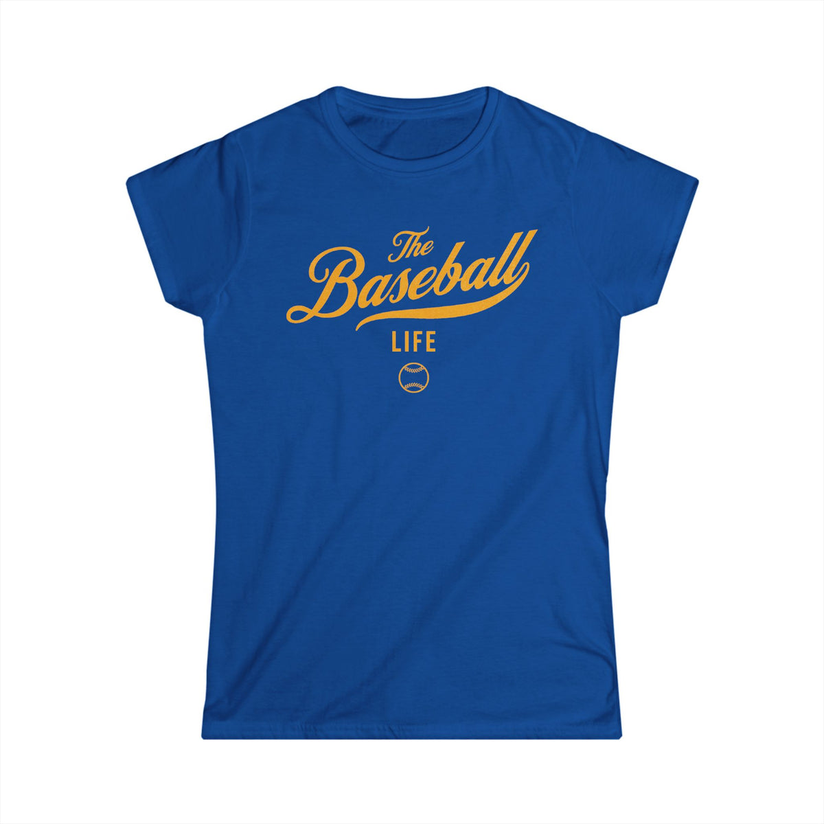 A women's royal blue cap-sleeve crewneck t-shirt with a yellow gold logo graphic on the front reading 'The Baseball Life' and a small baseball icon, displayed on a solid white background.