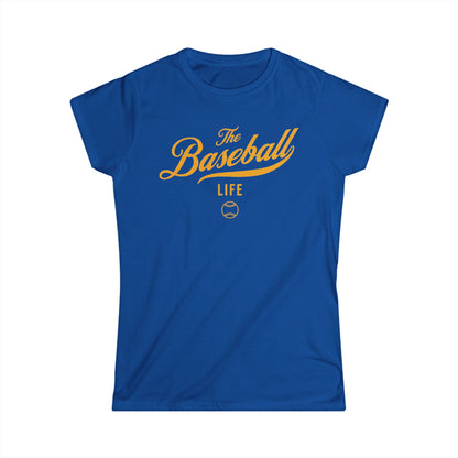 A women's royal blue cap-sleeve crewneck t-shirt with a yellow gold logo graphic on the front reading 'The Baseball Life' and a small baseball icon, displayed on a solid white background.