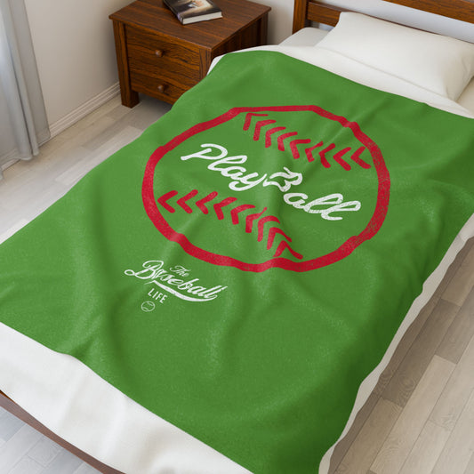 Velveteen Plush Blanket_Play Ball Graphic Baseball_Grass Green