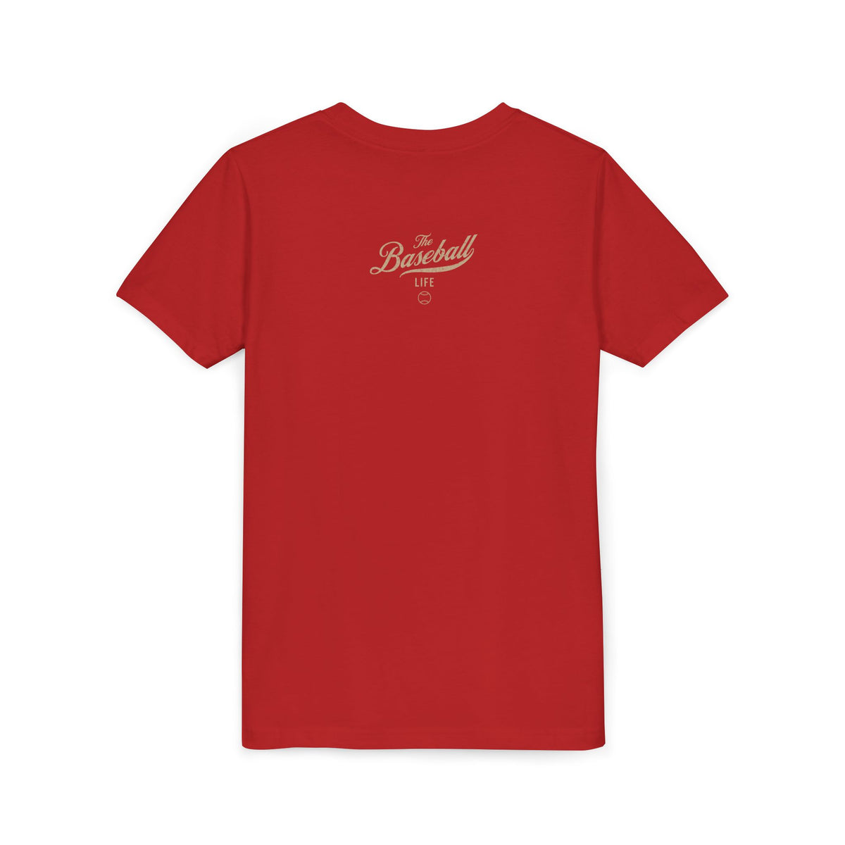 The back of a red youth baseball t-shirt with The Baseball Life logo centered upper back.