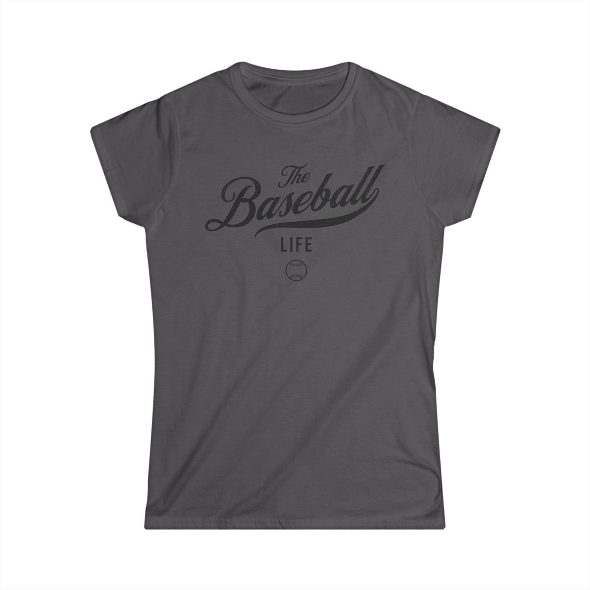 A women's charcoal grey cap-sleeve t-shirt with a black The Baseball Life logo printed across the chest.