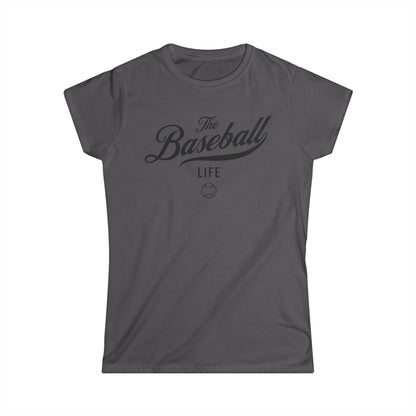 A women's charcoal grey cap-sleeve t-shirt with a black The Baseball Life logo printed across the chest.