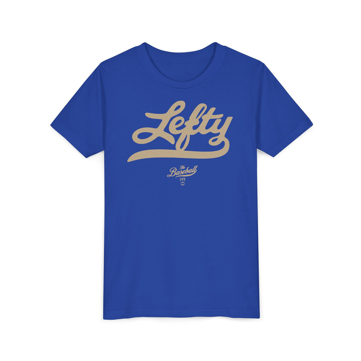 A royal blue youth baseball t-shirt with vintage script lettering "Lefty" printed across the chest.