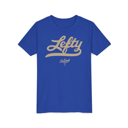 A royal blue youth baseball t-shirt with vintage script lettering "Lefty" printed across the chest.