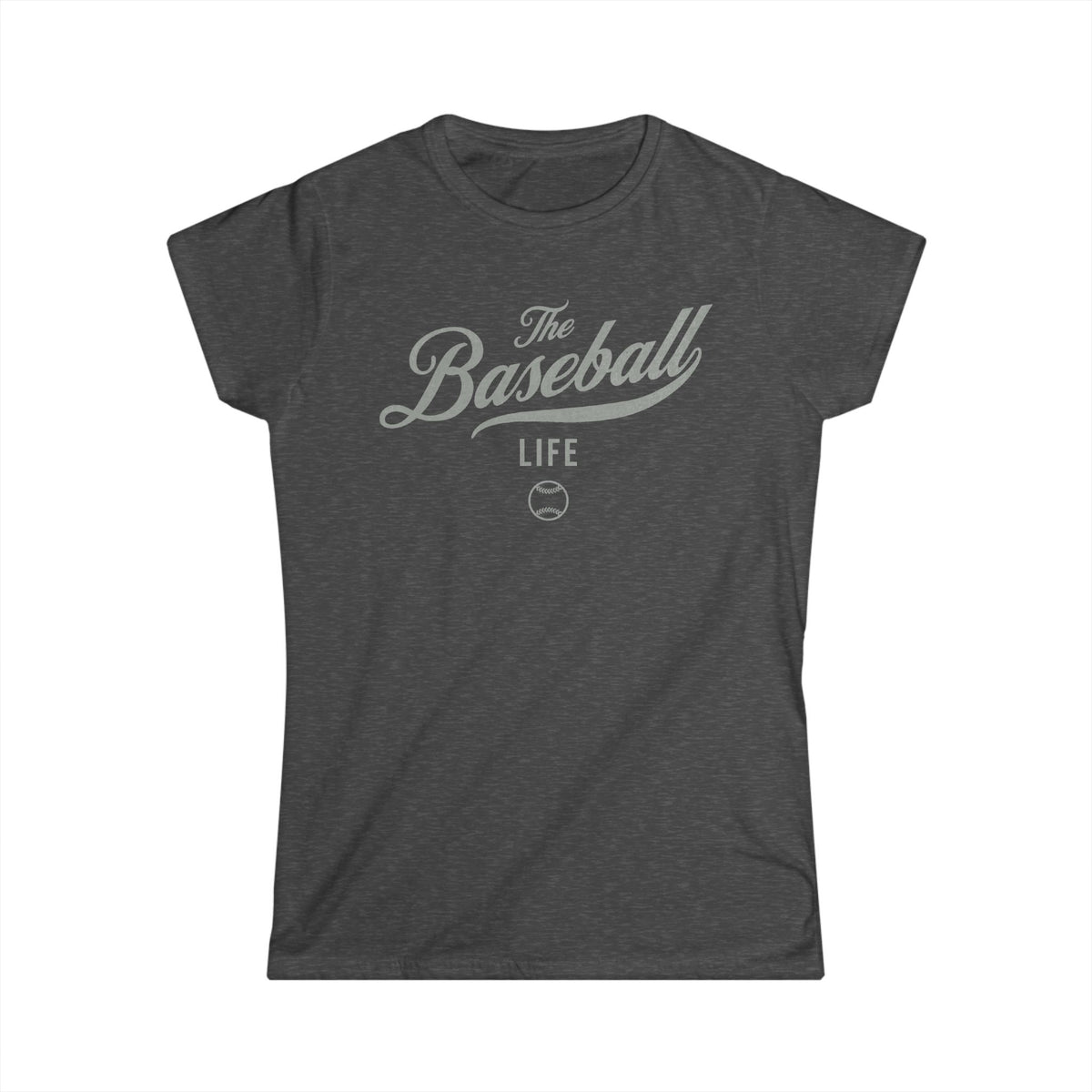 A women's dark heather grey cap-sleeve t-shirt with a silver gray The Baseball Life logo printed across the chest.