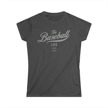 A women's dark heather grey cap-sleeve t-shirt with a silver gray The Baseball Life logo printed across the chest.
