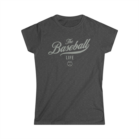 A women's dark heather grey cap-sleeve t-shirt with a silver gray The Baseball Life logo printed across the chest.
