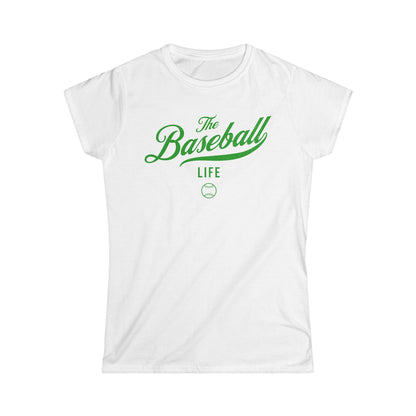 A women's white cap-sleeve t-shirt with a green The Baseball Life logo printed across the chest.