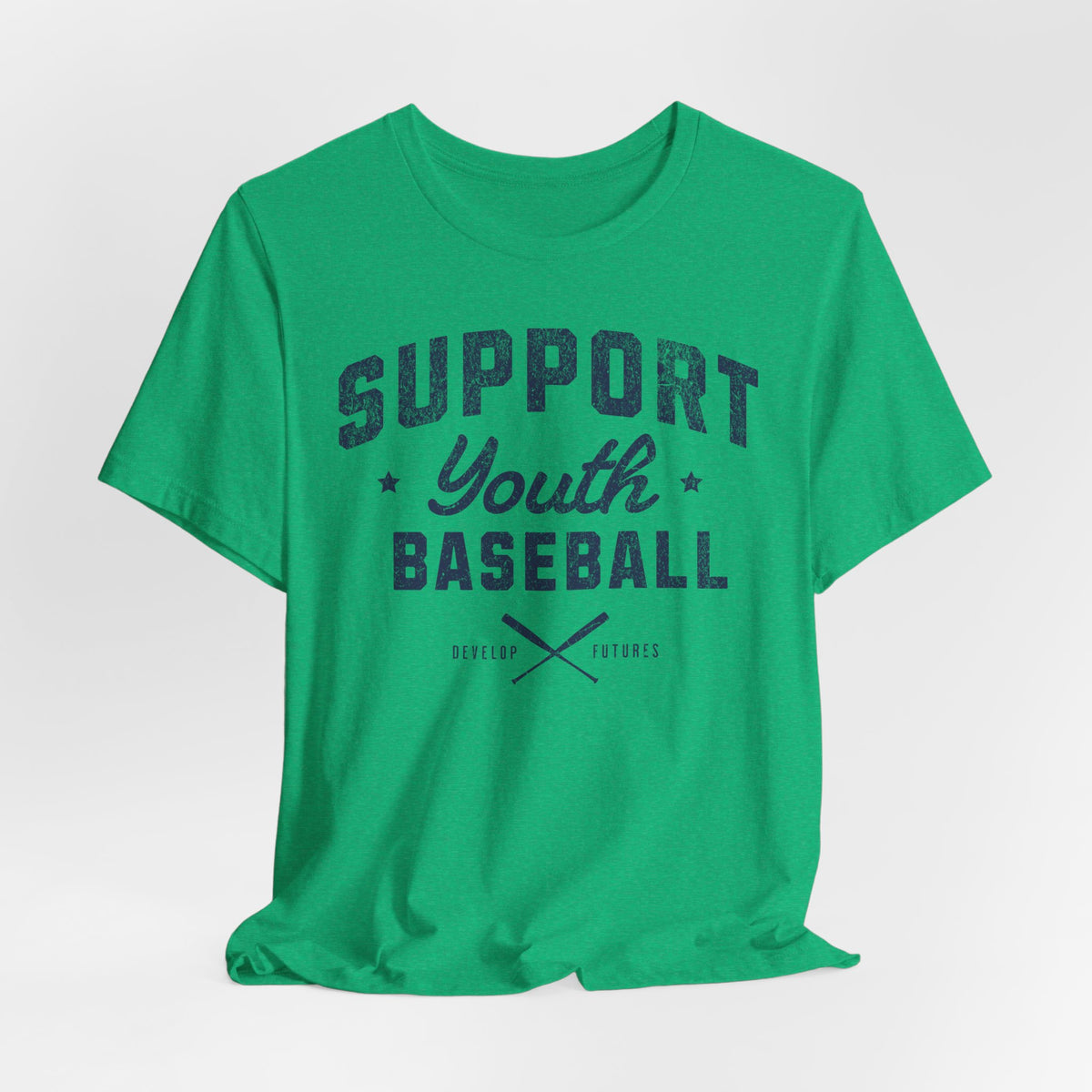 A heather green t-shirt with a distressed navy blue graphic on the front that reads SUPPORT YOUTH BASEBALL with crossed bats.