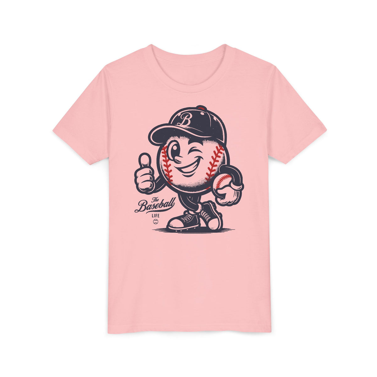 A light pink t-shirt featuring a vintage cartoon baseball mascot wearing a navy blue baseball cap and giving a thumbs-up.