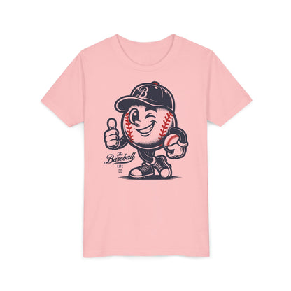 A light pink t-shirt featuring a vintage cartoon baseball mascot wearing a navy blue baseball cap and giving a thumbs-up.