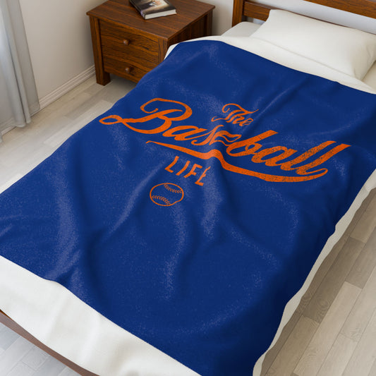 Velveteen Plush Blanket_Royal Blue with Orange Print