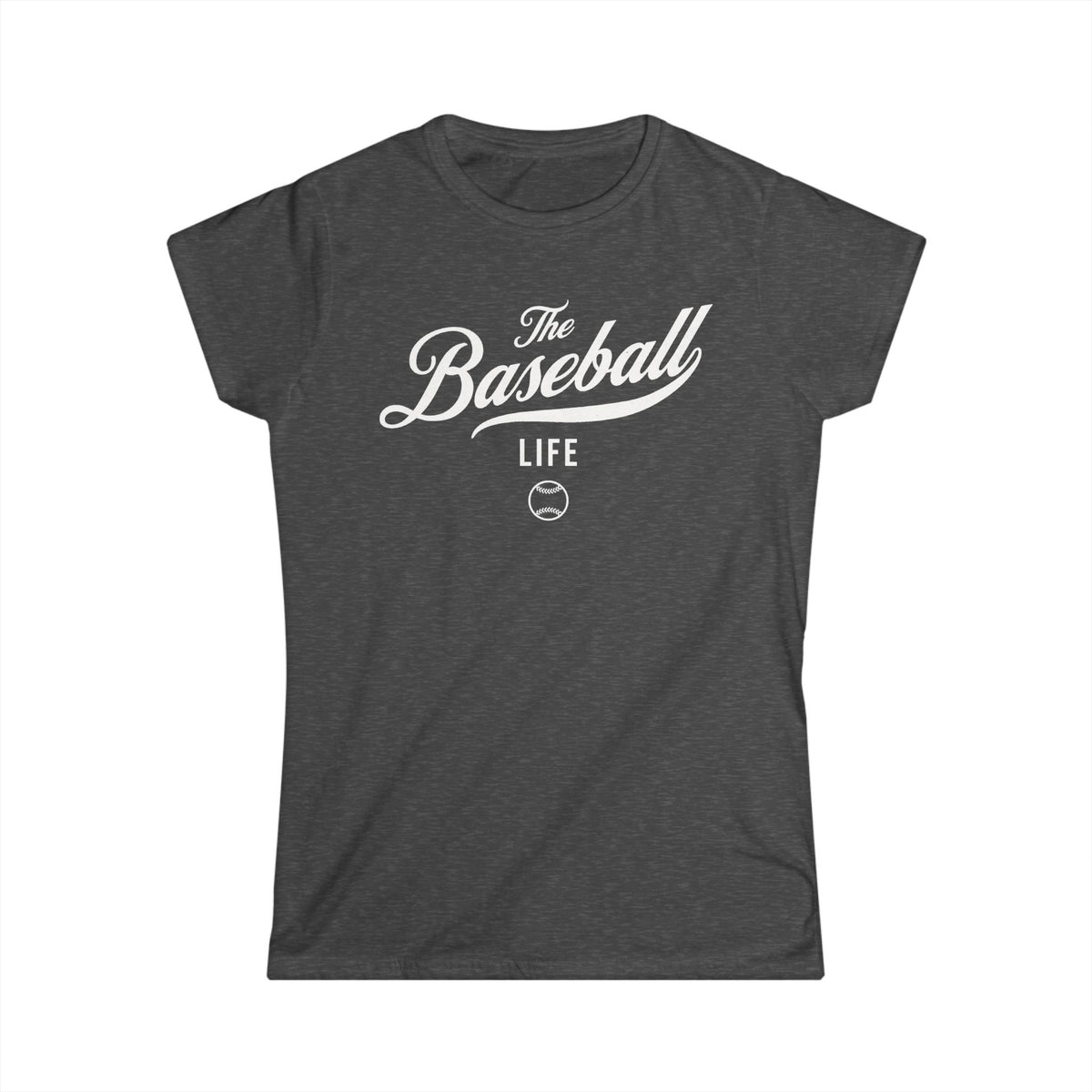 A women's dark heather grey cap-sleeve crewneck t-shirt with a white logo graphic on the front reading 'The Baseball Life' and a small baseball icon, displayed on a solid white background.