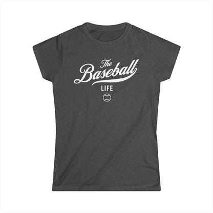 A women's dark heather grey cap-sleeve crewneck t-shirt with a white logo graphic on the front reading 'The Baseball Life' and a small baseball icon, displayed on a solid white background.