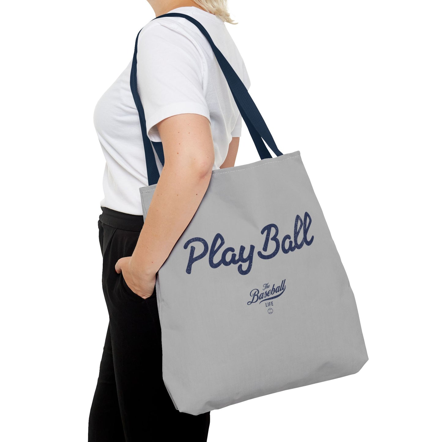 Play Ball Tote Bag_Light Gray with Navy Print