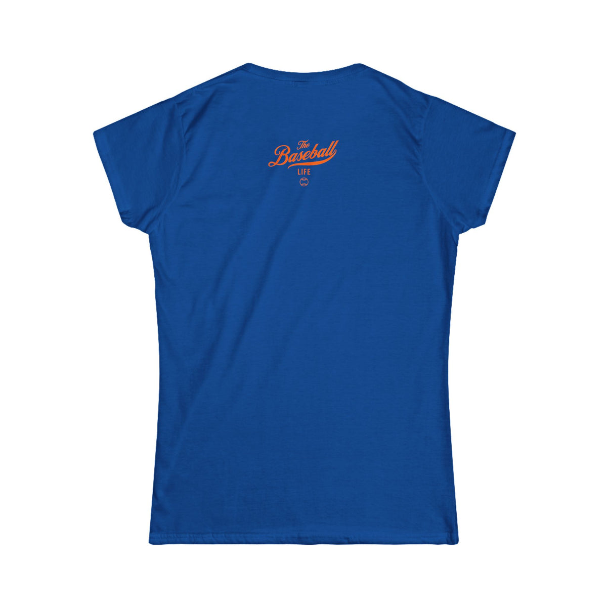 The back side of a women's royal blue cap-sleeve t-shirt with an orange The Baseball Life logo centered on upper back.