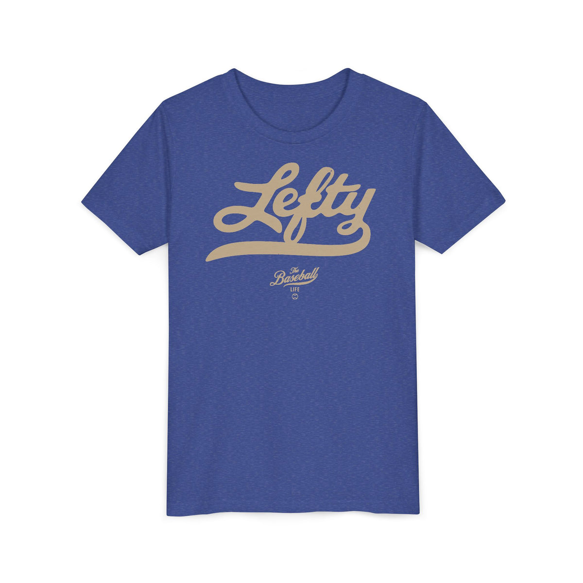 A heather royal blue youth baseball t-shirt with vintage script lettering "Lefty" printed across the chest.
