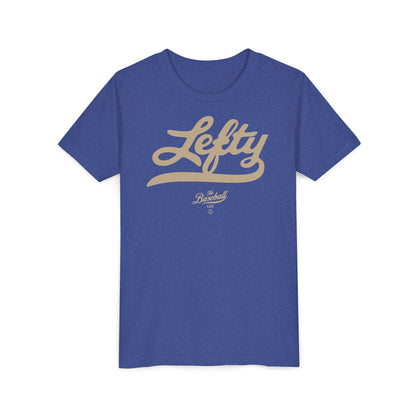 A heather royal blue youth baseball t-shirt with vintage script lettering "Lefty" printed across the chest.