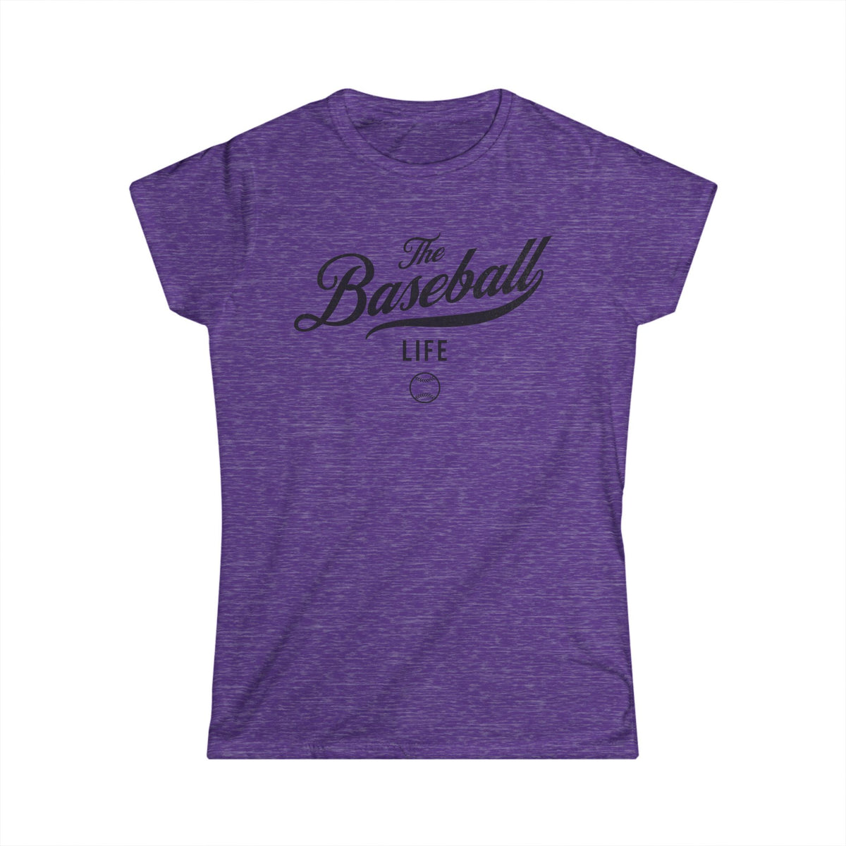 A women's heather purple cap-sleeve t-shirt with a black The Baseball Life logo printed across the chest.