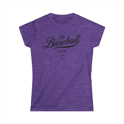 A women's heather purple cap-sleeve t-shirt with a black The Baseball Life logo printed across the chest.