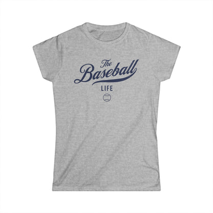 A women's sport grey cap-sleeve t-shirt with a navy blue The Baseball Life logo printed across the chest.