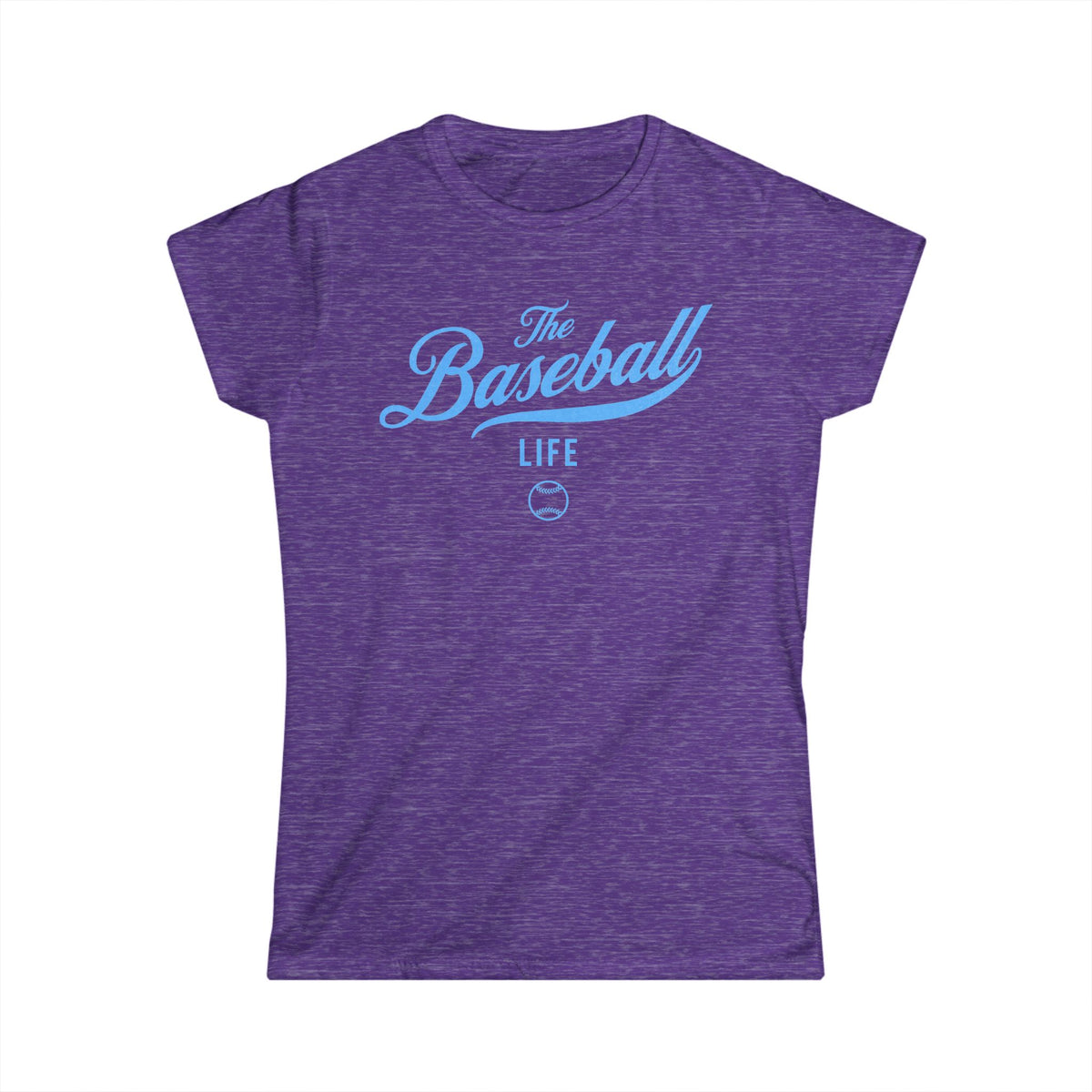 A women's heather purple cap-sleeve crewneck t-shirt with a Carolina Blue logo graphic on the front reading 'The Baseball Life' and a small baseball icon, displayed on a solid white background.