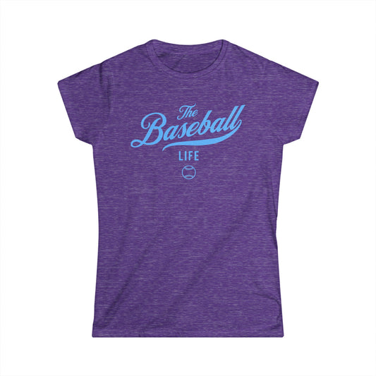A women's heather purple cap-sleeve crewneck t-shirt with a Carolina Blue logo graphic on the front reading 'The Baseball Life' and a small baseball icon, displayed on a solid white background.