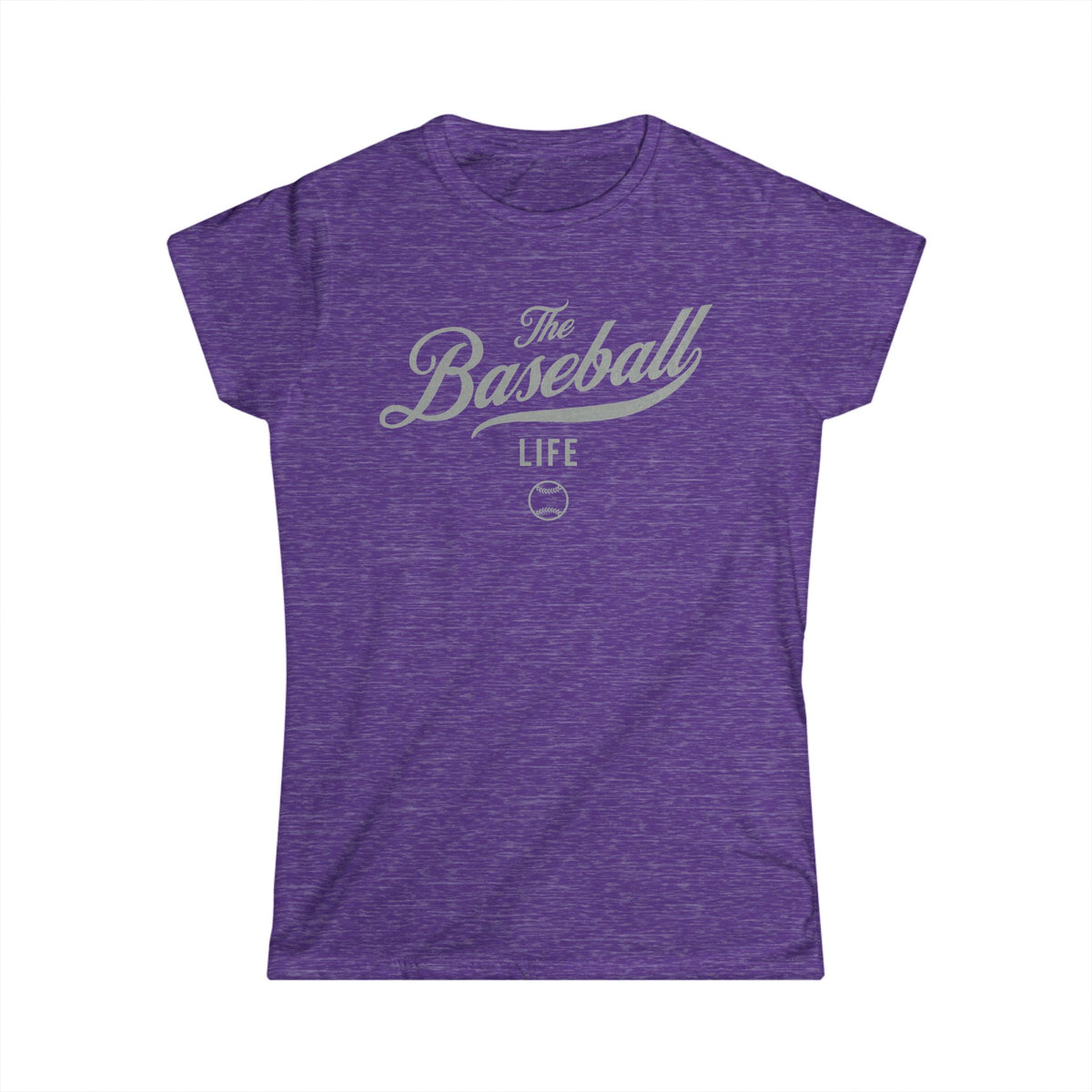 A women's heather purple cap-sleeve t-shirt with a silver gray The Baseball Life logo printed across the chest.