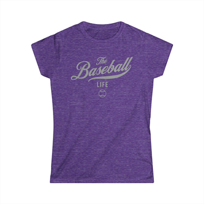 A women's heather purple cap-sleeve t-shirt with a silver gray The Baseball Life logo printed across the chest.