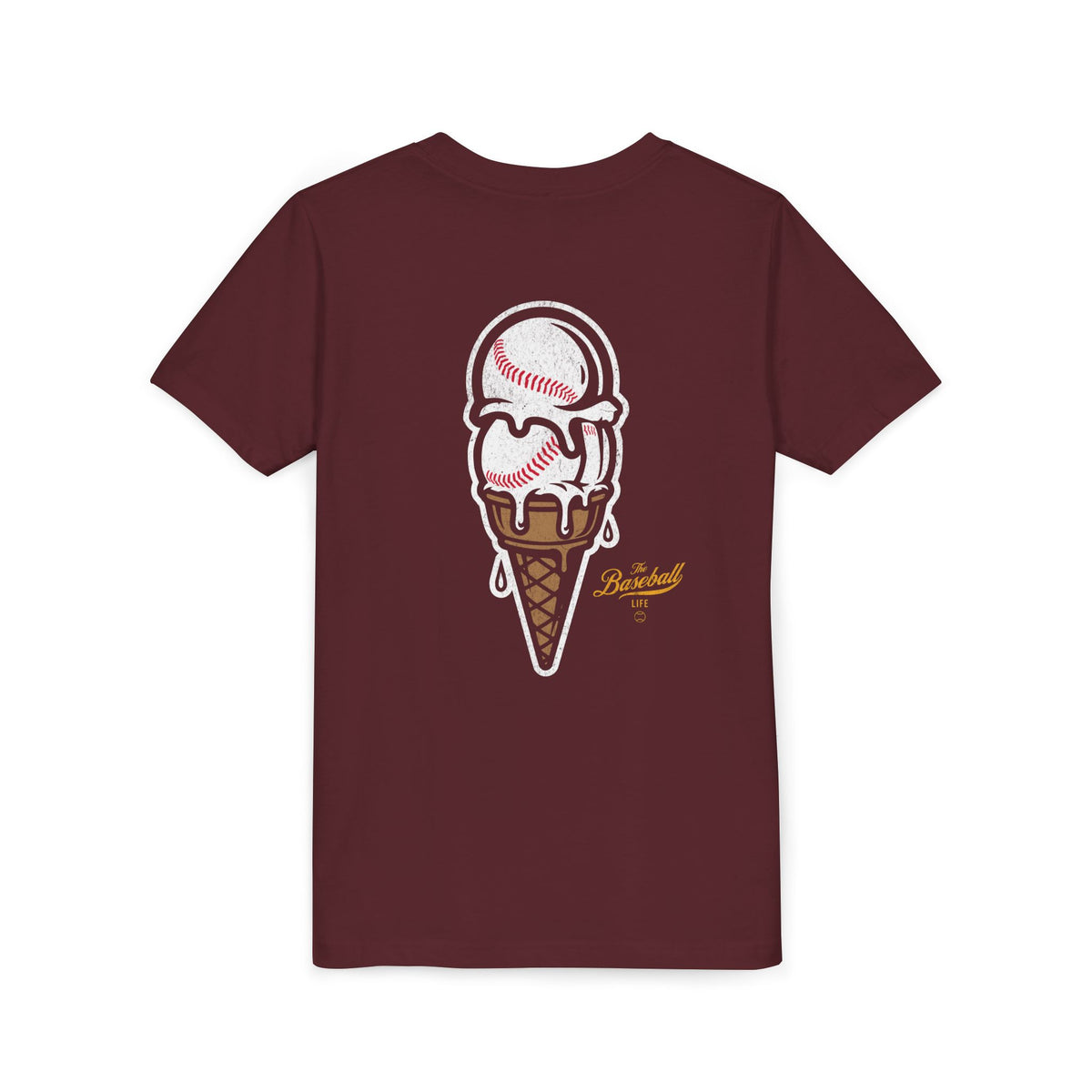 A maroon t-shirt with a dripping double-scoop ice cream cone made of baseballs.