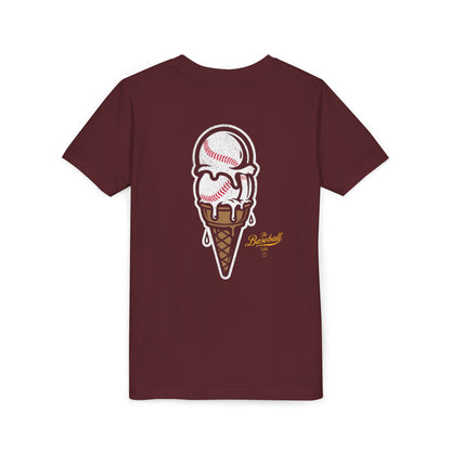 A maroon t-shirt with a dripping double-scoop ice cream cone made of baseballs.