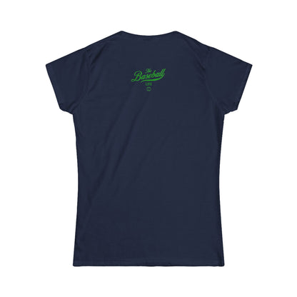 A women's navy cap-sleeve t-shirt back view with a green The Baseball Life logo printed upper back.