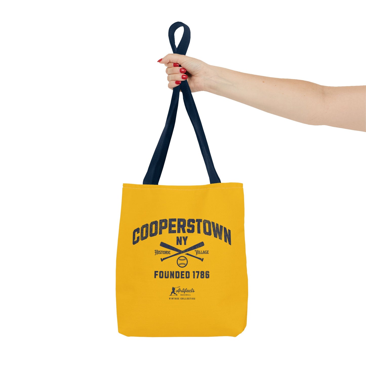 Cooperstown, NY Tote Bag_Yellow Gold w Navy Print