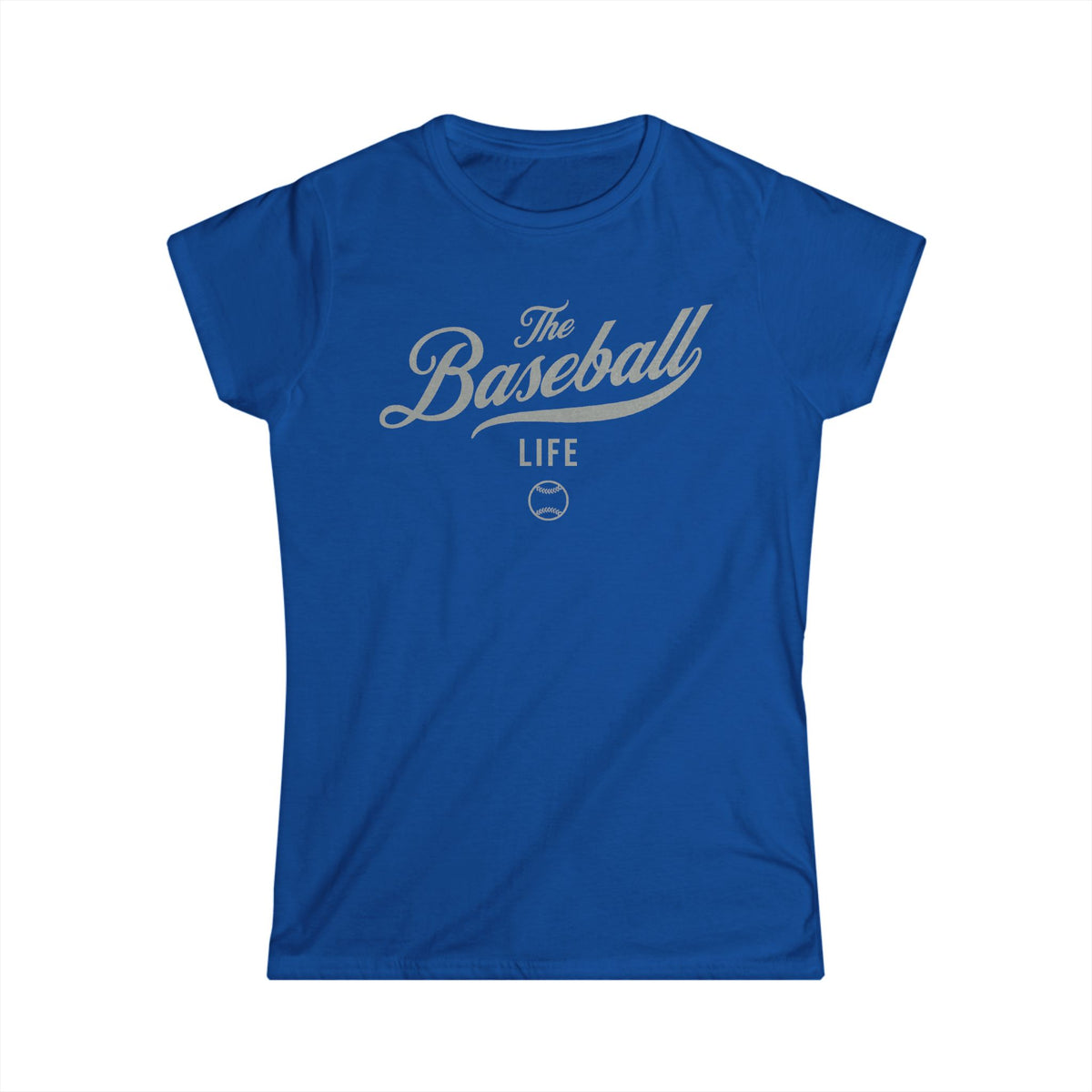 A women's royal blue cap-sleeve t-shirt with a silver gray The Baseball Life logo printed across the chest.