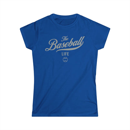 A women's royal blue cap-sleeve t-shirt with a silver gray The Baseball Life logo printed across the chest.