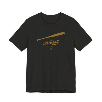 The front of a black baseball t-shirt featuring a baseball bat graphic and The Baseball Life logo.