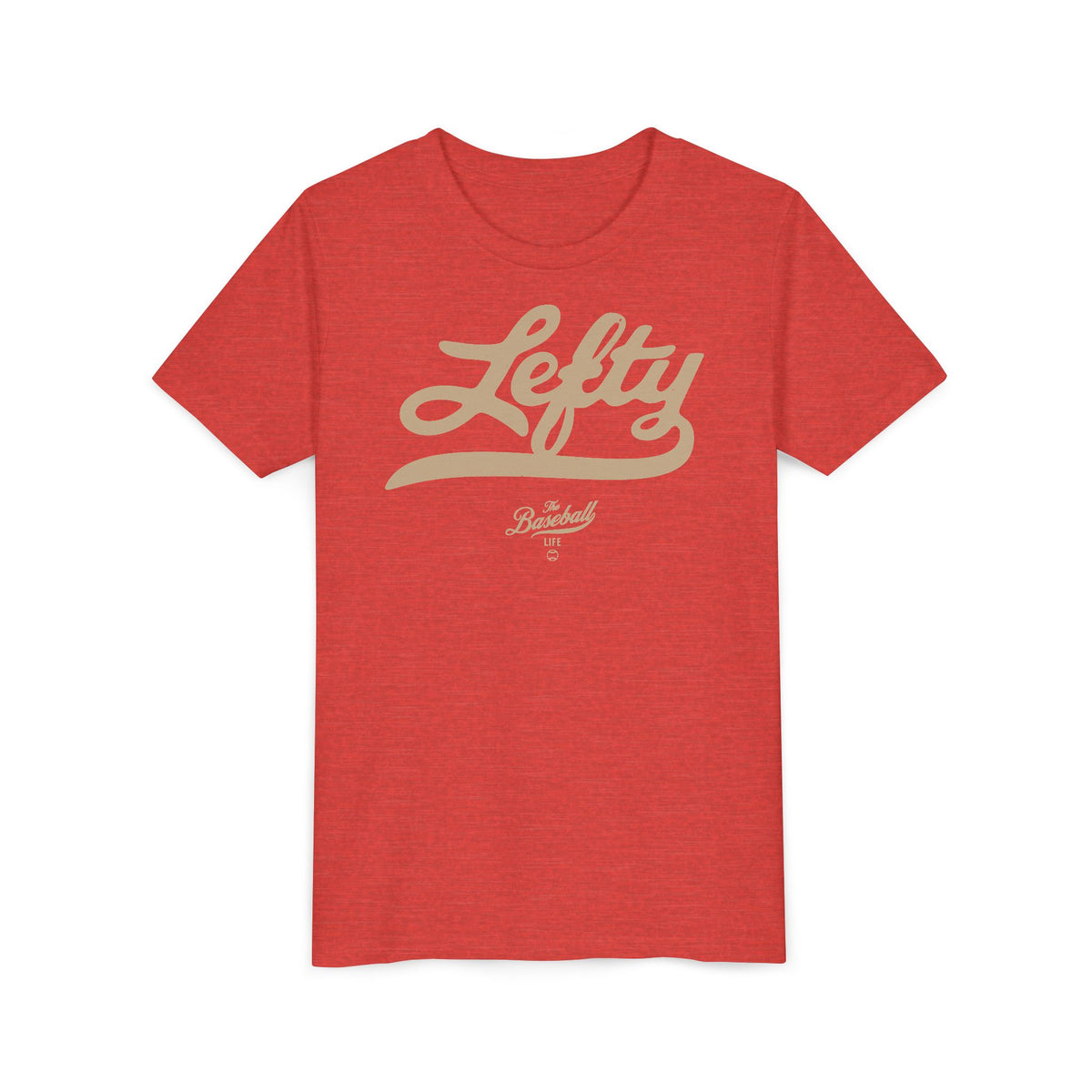 A heather red youth baseball t-shirt with vintage script lettering "Lefty" printed across the chest.