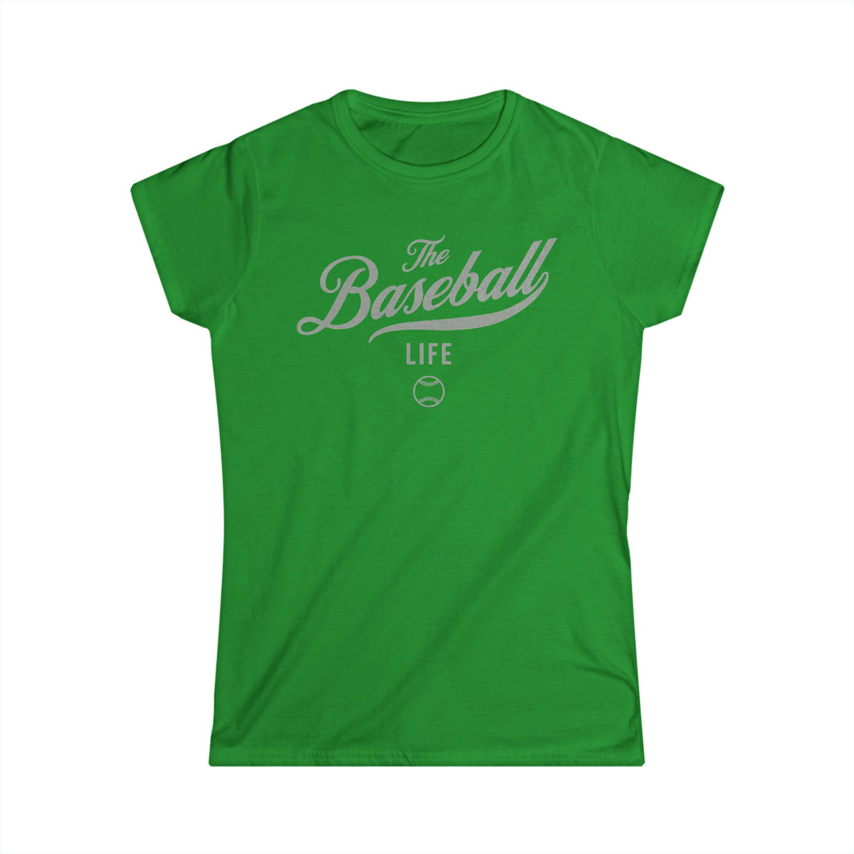 A women's Irish green cap-sleeve t-shirt with a silver gray The Baseball Life logo printed across the chest.
