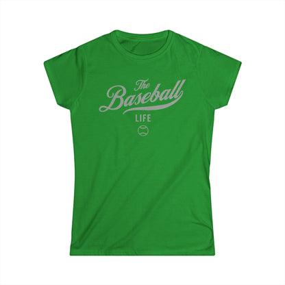 A women's Irish green cap-sleeve t-shirt with a silver gray The Baseball Life logo printed across the chest.