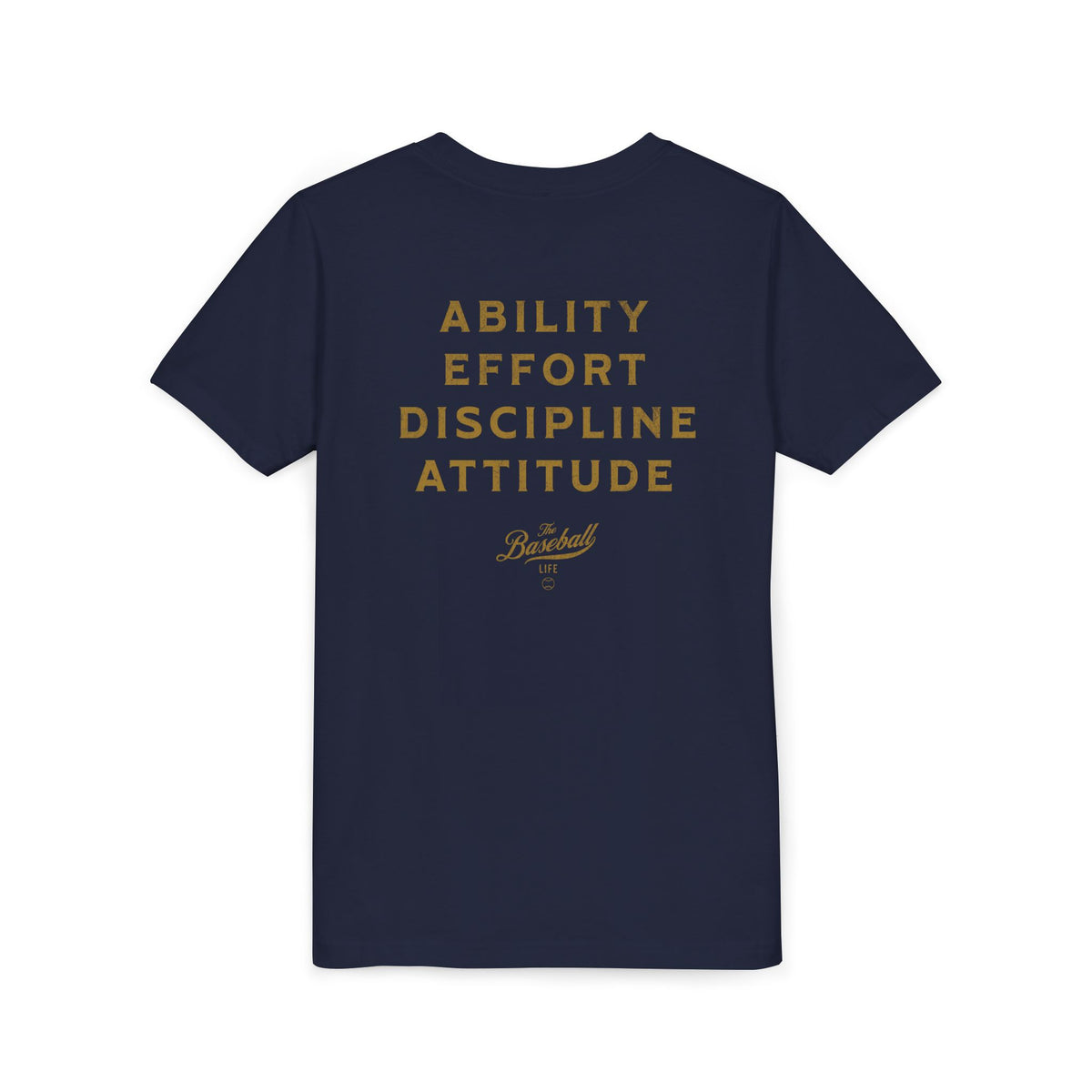 The back of a navy blue t-shirt with a list of traits of an All-Star player, with The Baseball Life logo.