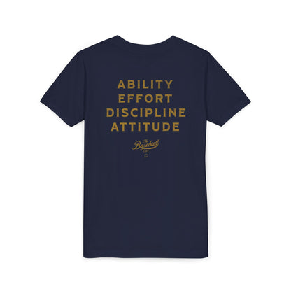 The back of a navy blue t-shirt with a list of traits of an All-Star player, with The Baseball Life logo.