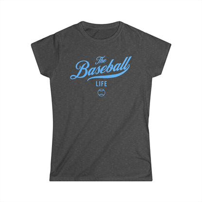 A women's dark heather gray cap-sleeve crewneck t-shirt with a Carolina Blue logo graphic on the front reading 'The Baseball Life' and a small baseball icon, displayed on a solid white background.
