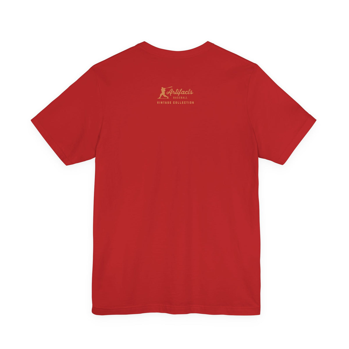 A back view of a red t-shirt with an Artifacts Vintage Collection logo centered upper back.