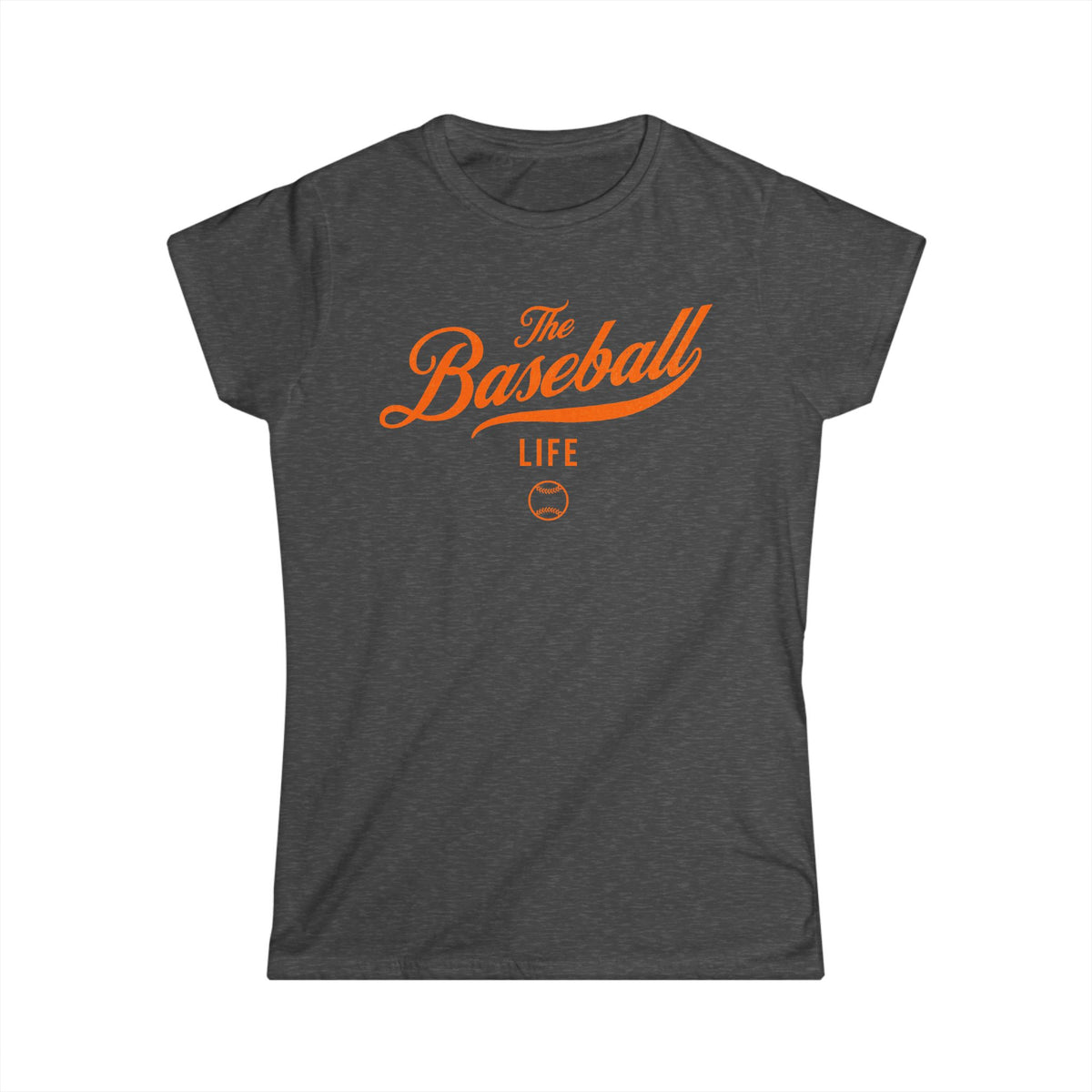 A women's dark heather cap-sleeve t-shirt with an orange The Baseball Life logo printed across the chest.