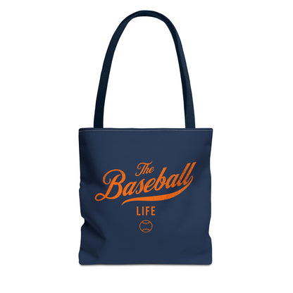 The Baseball Life Tote Bag_Navy w Orange Print