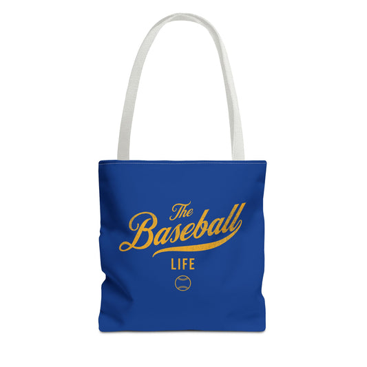 The Baseball Life Tote Bag_Royal Blue w Yellow Gold Print