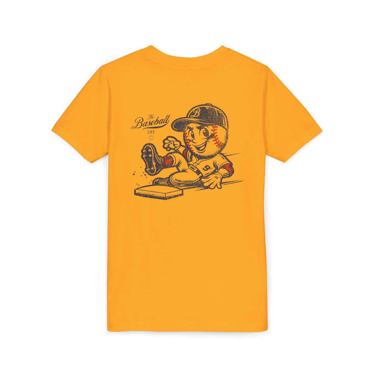 A gold t-shirt with a baseball mascot wearing a baseball uniform sliding into a base, kicking up dirt.
